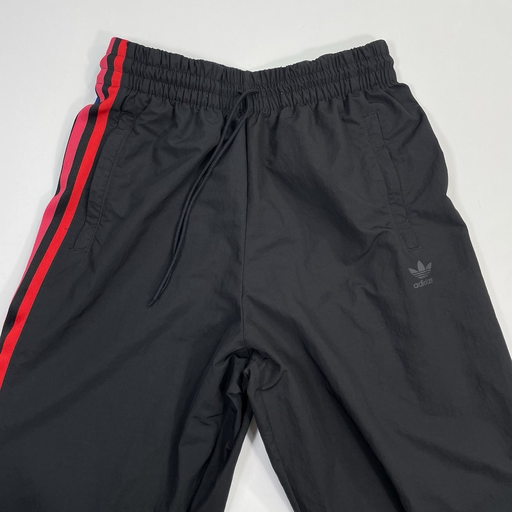 Adidas Windbreaker Track Pants Womens Small Black Red Pink Blue Striped Tre Foil